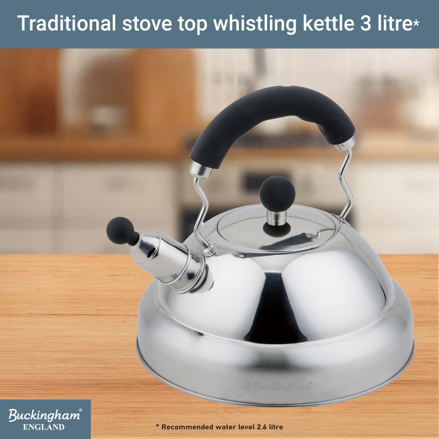 Buckingham Stainless Steel Stovetop Whistling Kettle with Soft Grip Handle 3 Litre