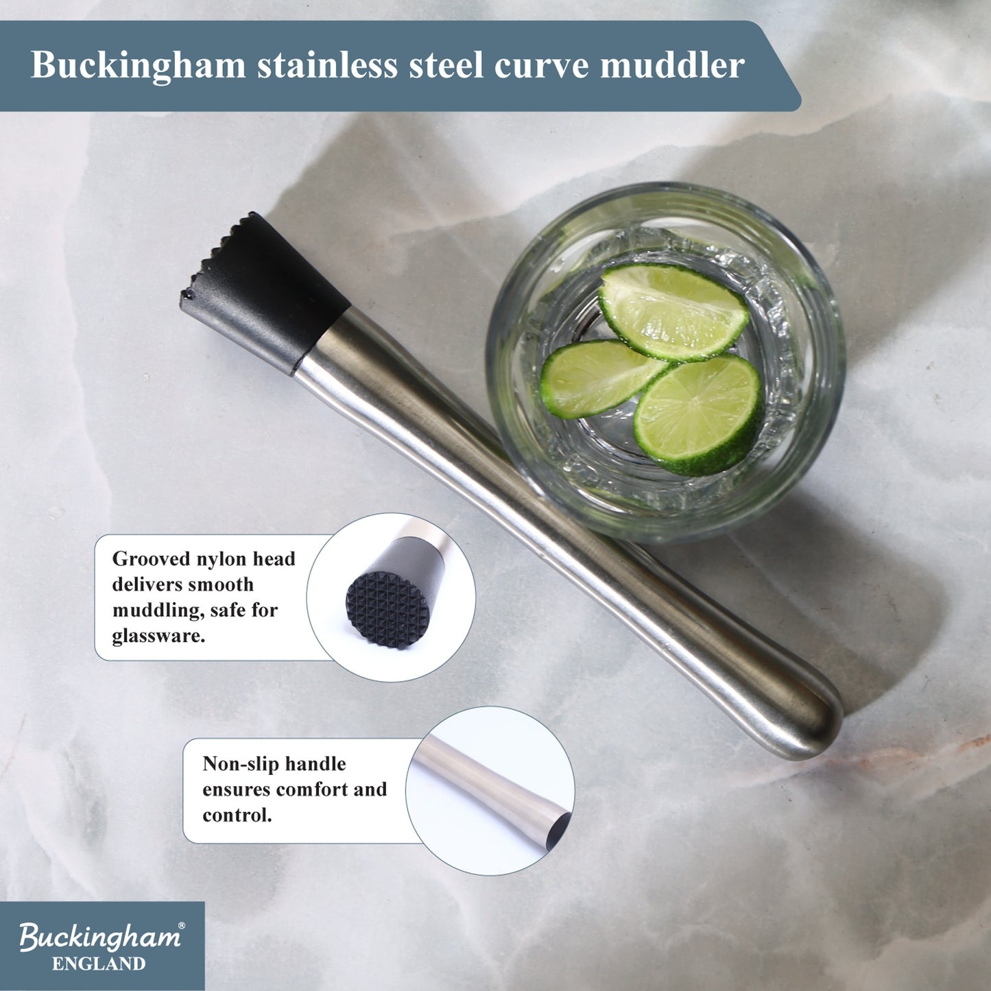 Buckingham Stainless Steel Cocktail Mint Muddler 21 cm