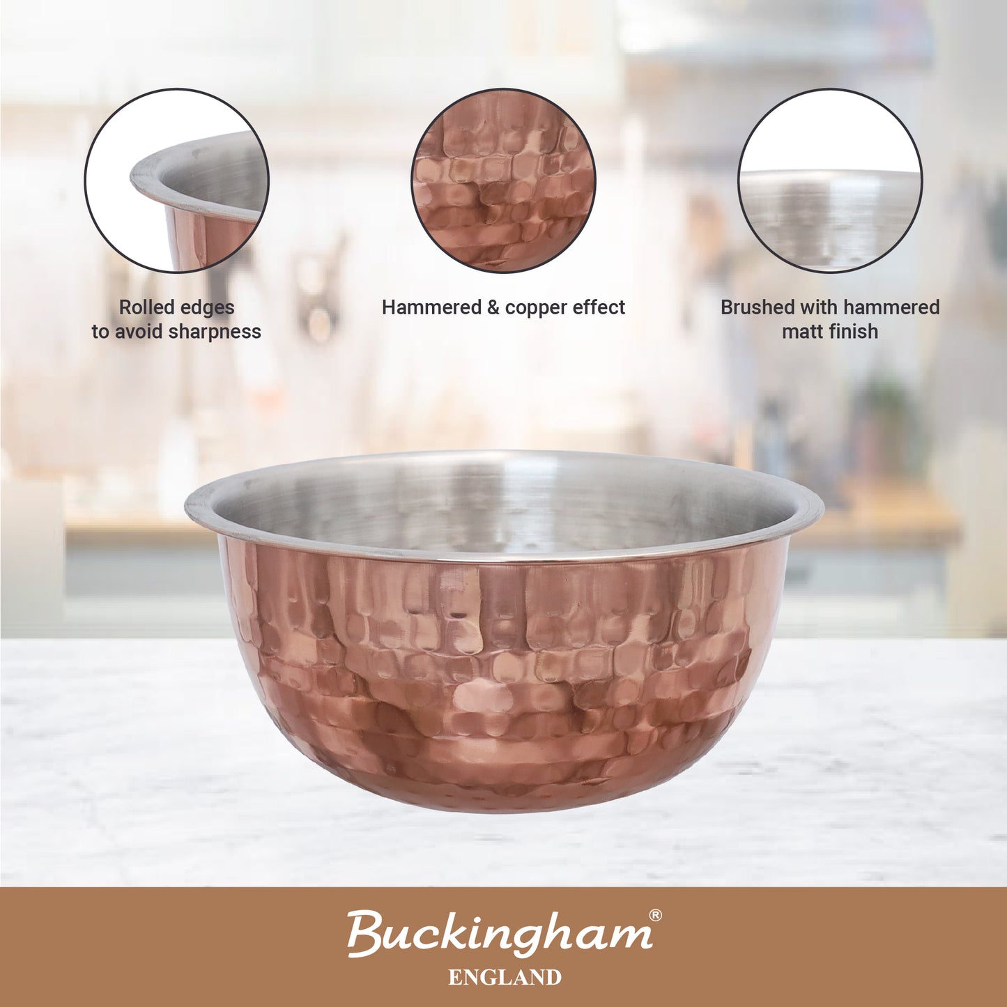 Buckingham Pack of 2 Mixing Bowls Stainless Steel with Hammered Copper Finish 0.7 L 14 cm