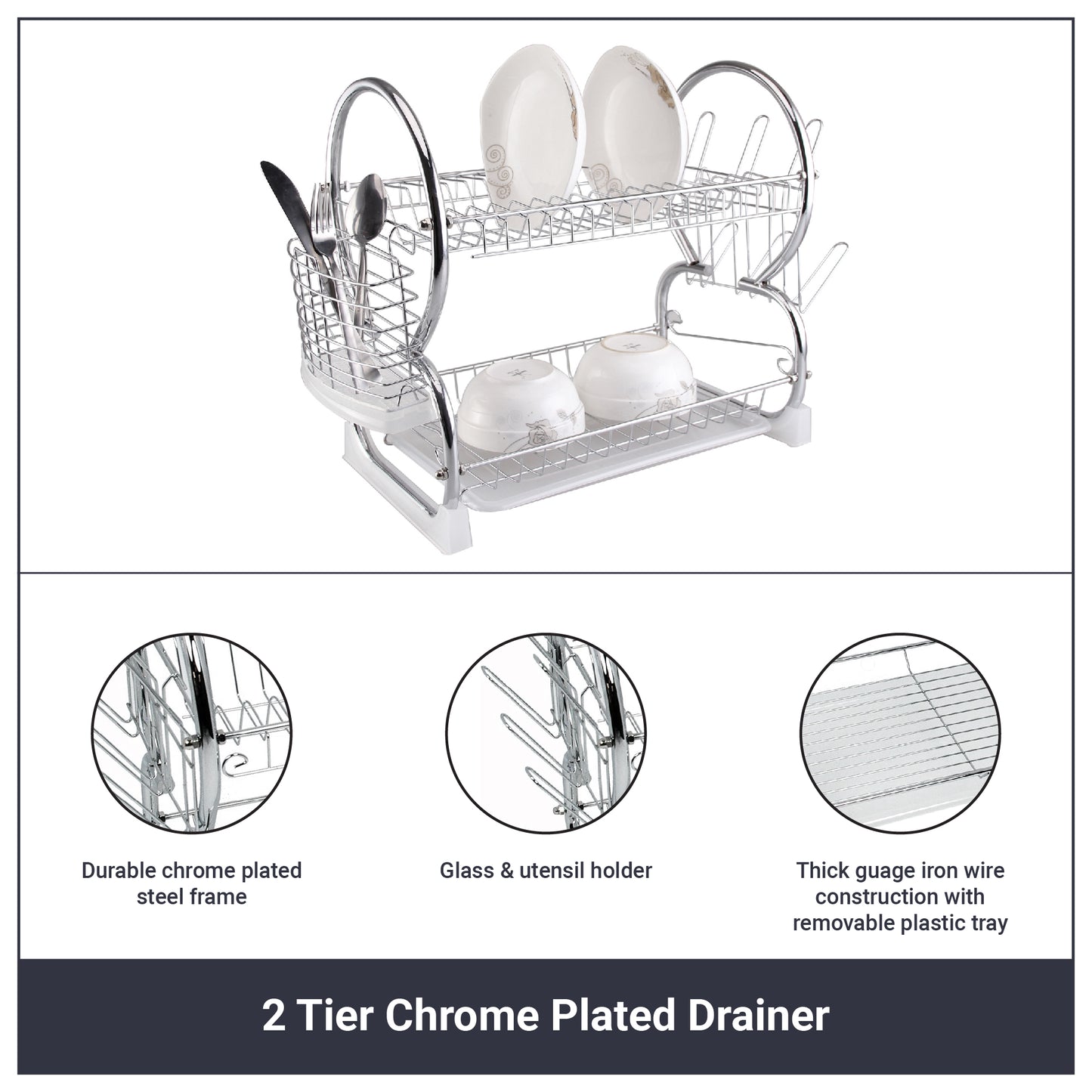 Buckingham 2 Tier Dish Drainer with Drip Removable Tray Chrome Plated