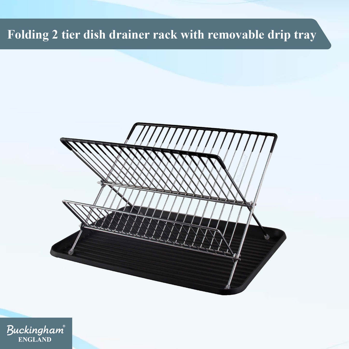 Buckingham Folding 2 Tier Dish Drainer Rack with Removable Drip Tray