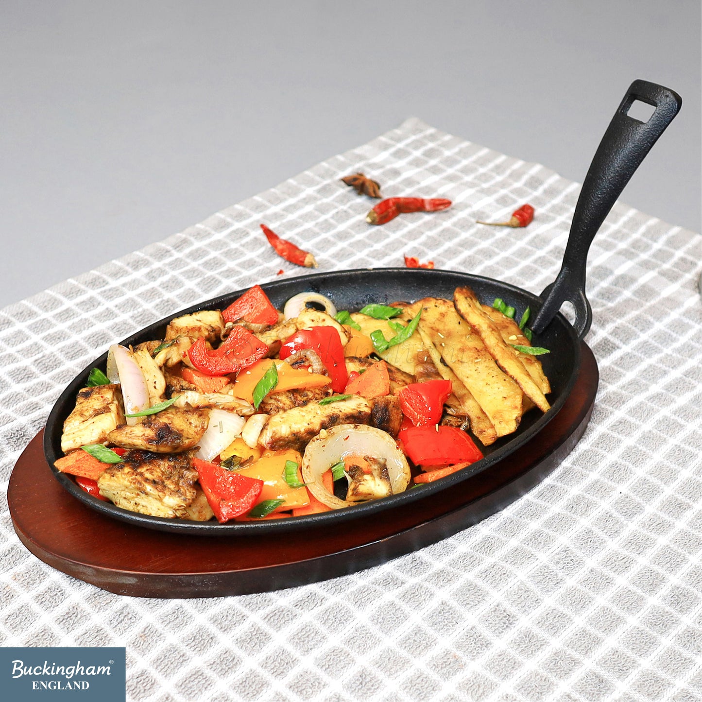 Buckingham Cast Iron Sizzling Dish Steak Platter with wooden base
