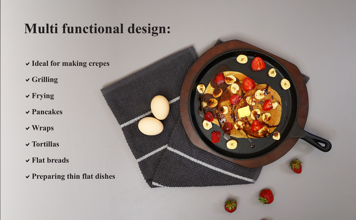 Buckingham Pre-Seasoned Cast Iron Crepe Pan With Wooden Base 27 cm