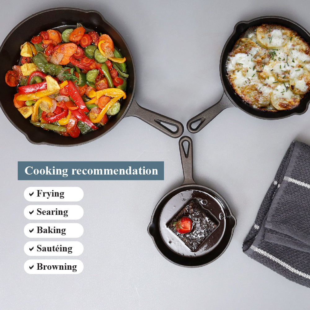 Buckingham Pre-Seasoned Cast Iron Skillet Set of 3 Frying Pan 16 cm, 20 cm & 25 cm