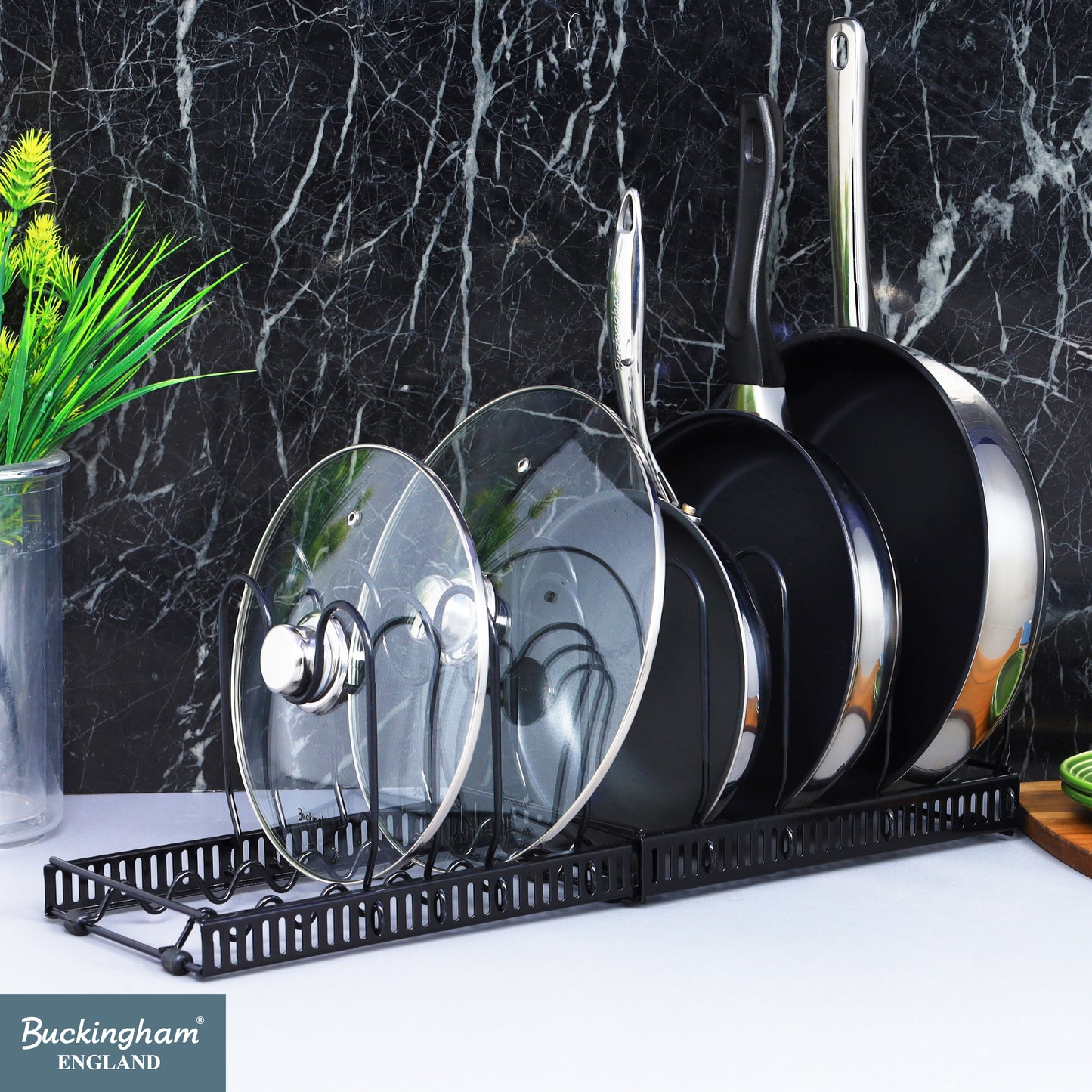 Buckingham Pot Lid Organizer Rack Adjustable 8-Divider Storage Black Metal