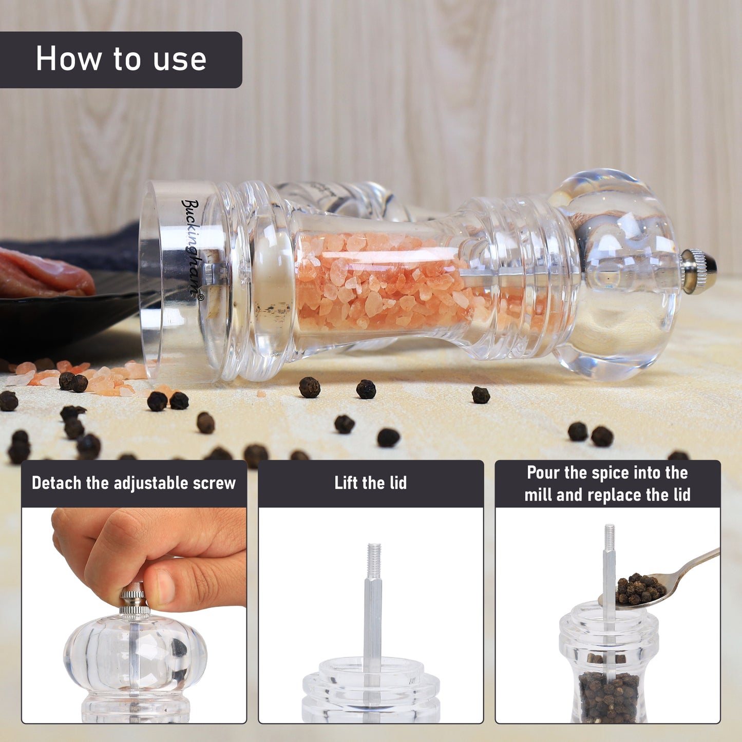 Buckingham Salt and Pepper Seasoning Mill Set Classic Acrylic Design