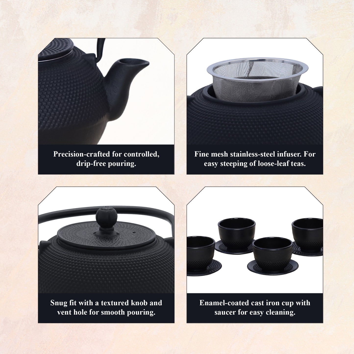 Buckingham Japanese Style Cast Iron Teapot Set Cups and Saucers