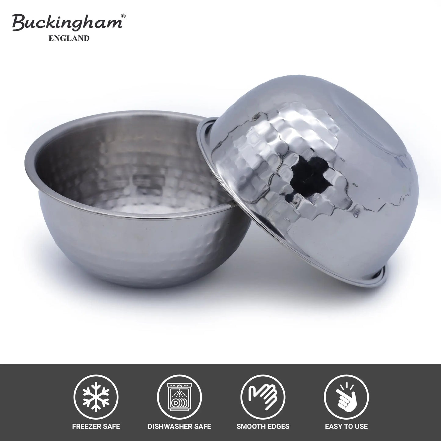 Buckingham Pack of 2 salad mixing bowls 0.7 L 14 cm hammered effect. Buckingham Cookware UK Buckingham Cookware UK
