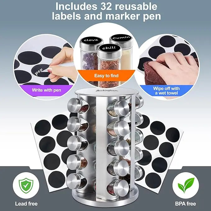 Buckingham Stainless Steel Rotating Spice Rack Free Standing Organizer for Kitchen Seasonings Erasable Labels with Marker Space-Saving Spice Storage (20 Jars) Buckingham Cookware UK