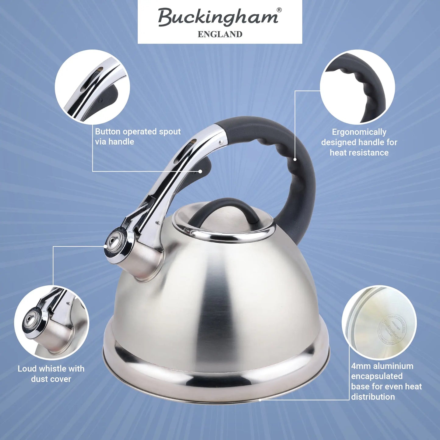 Buckingham Stove-Top Induction Stainless Steel Whistling Kettle Satin Finish with Soft Touch Black Easy Grip Handle 3.5 litres. Buckingham Cookware UK