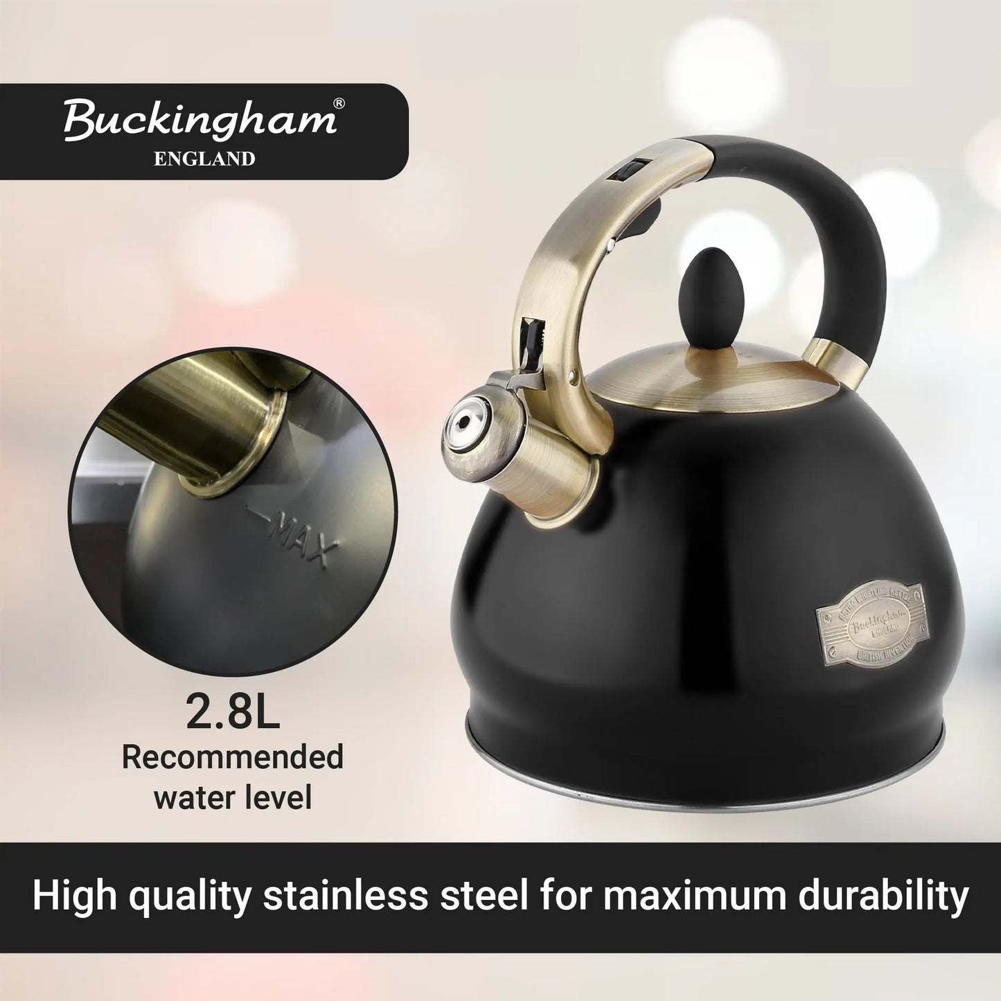 Buckingham Stove top Retro Matt Black Whistling Kettle Induction Compatible Antique Black Stainless Steel Fast Boiling 3.4 L Capacity Buckingham Cookware UK