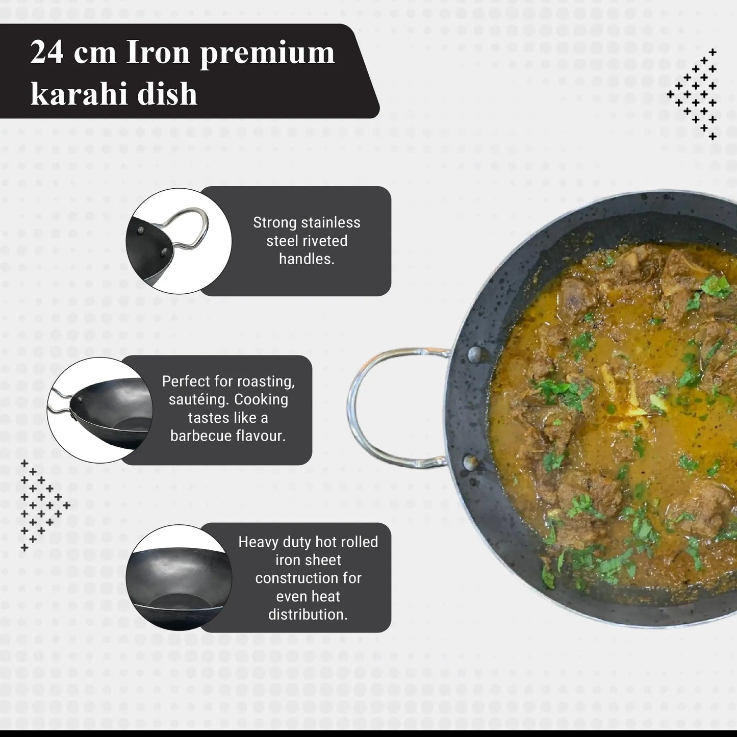 Buckingham Traditional Iron Cooking Indian Chinese Cooking Wok Pan Kitchen Tool for Families Multipurpose Hand Hammered Round Bottom Black Buckingham Cookware UK