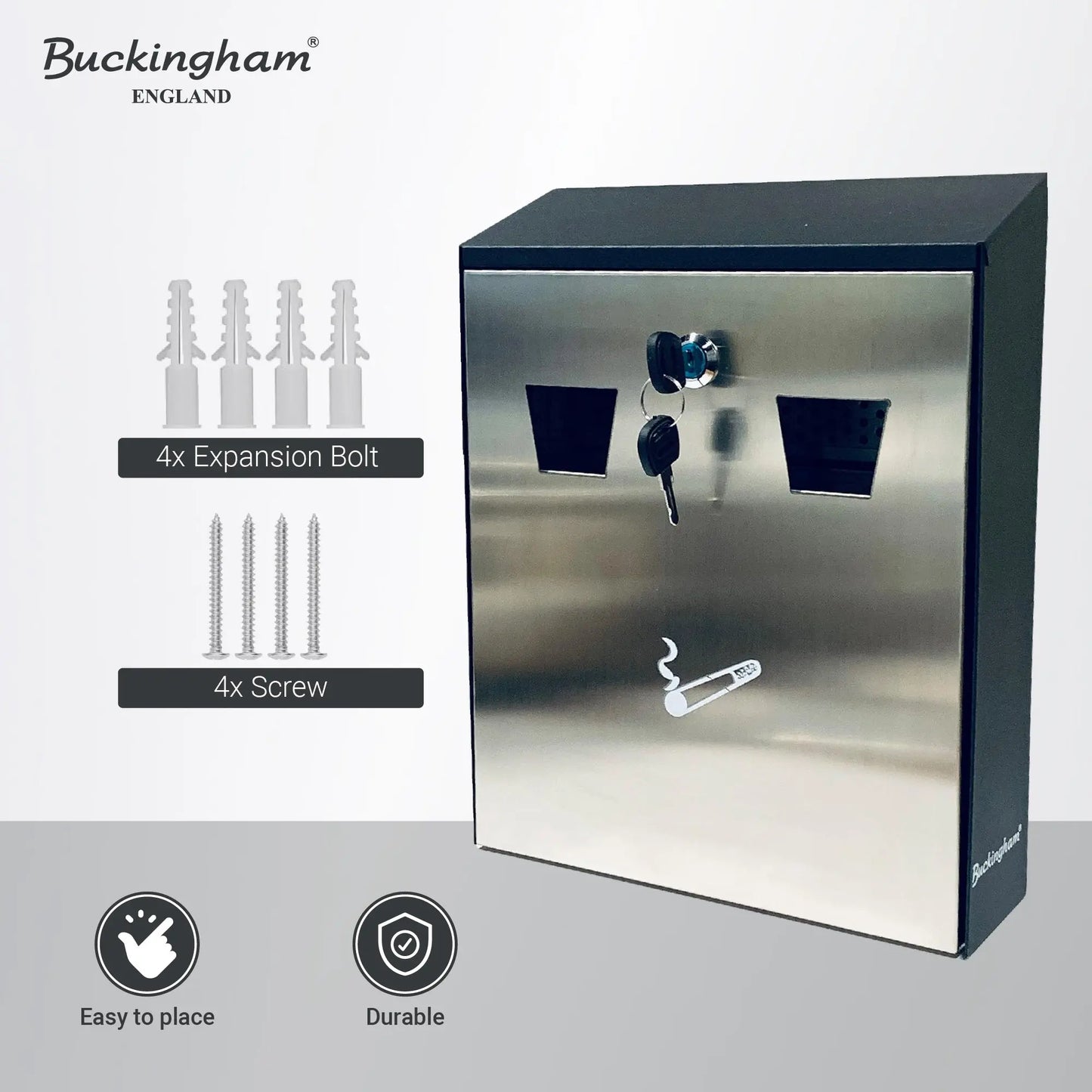 Buckingham Wall Mounted Outdoor Cigarette Bin, Ashtray , Ash Bin, Pubs , Clubs, Office, Home , Luminous Cigarette Motif, Smoking, Lockable, Premium Quality -, Black, Buckingham Cookware UK