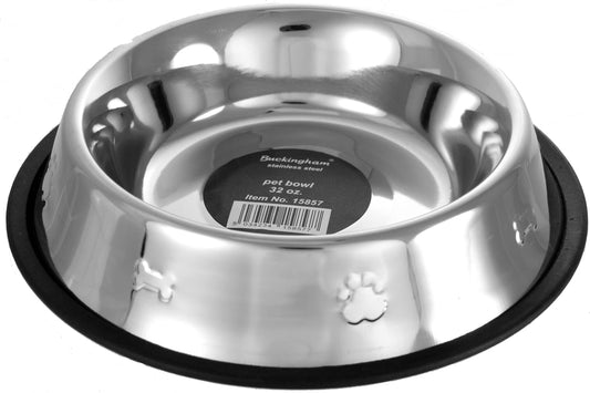 Stainless Steel Buckingham Dog Bowl (32oz) W/ Paw Motif