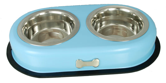 Buckingham Stainless Steel Double Dog Bowls Pet Twin Dish Water Food Station, Baby Blue