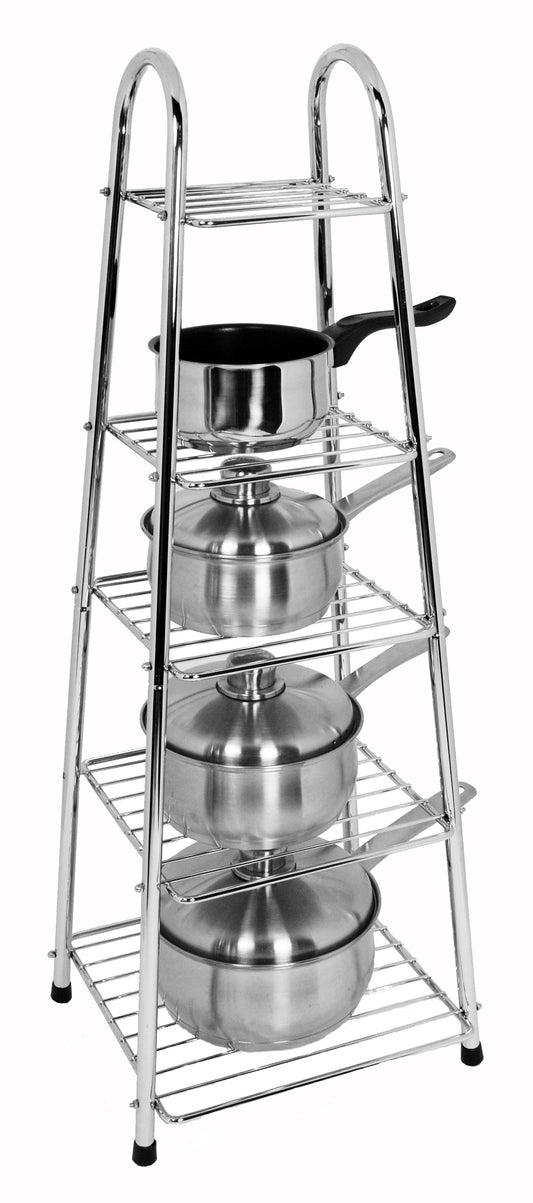 Buckingham 90 cm Height Premium Chrome Plated 5-Tier Pots and Pan Stand, Silver