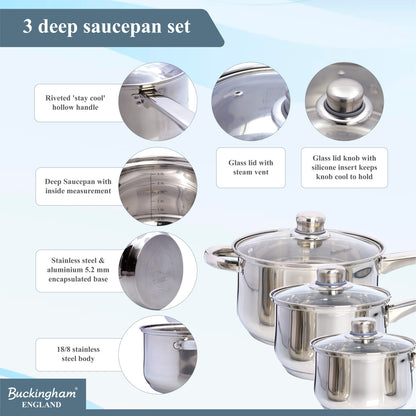 Buckingham 3-Piece Deep Saucepan Set