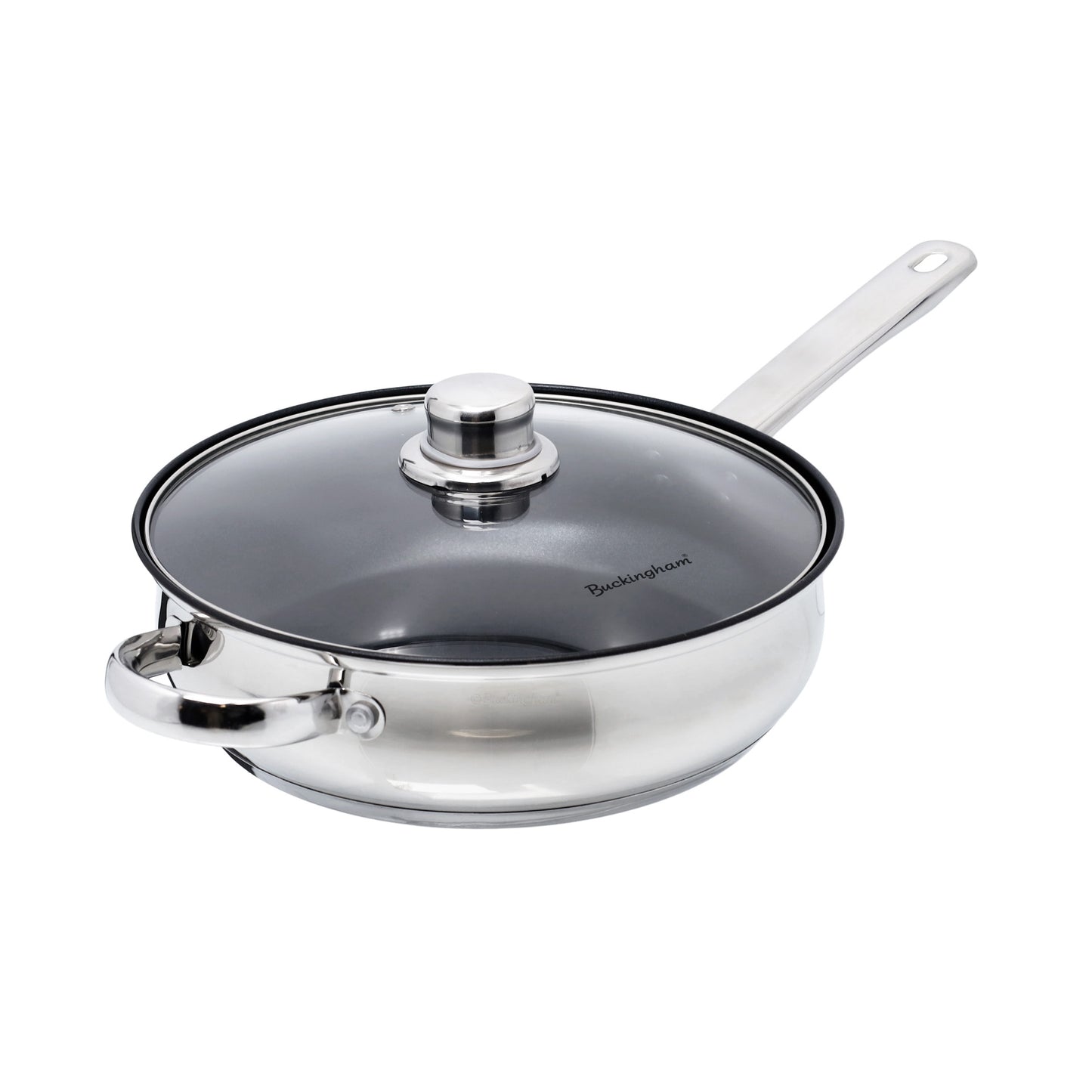 Buckingham Stainless Steel Sauté Pan with Tempered Glass Lid.