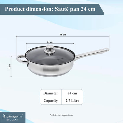Buckingham Stainless Steel Sauté Pan with Tempered Glass Lid.