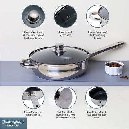 Buckingham Stainless Steel Sauté Pan with Tempered Glass Lid.