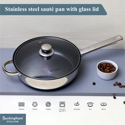 Buckingham Stainless Steel Sauté Pan with Tempered Glass Lid.