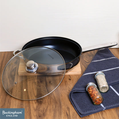 Buckingham Stainless Steel Sauté Pan with Tempered Glass Lid.