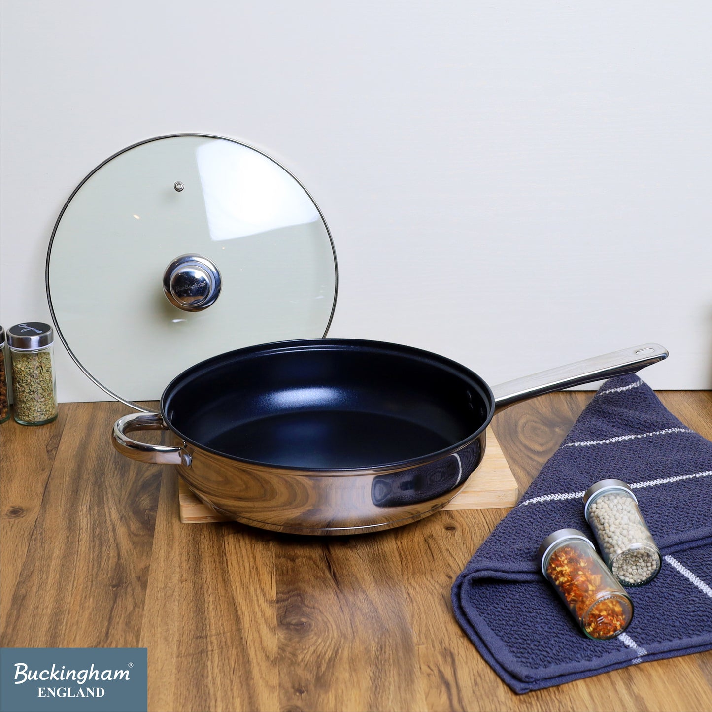 Buckingham Stainless Steel Sauté Pan with Tempered Glass Lid.