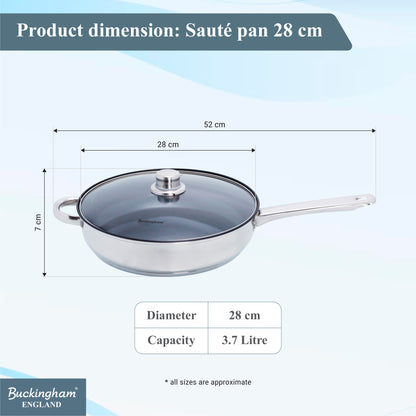 Buckingham Stainless Steel Sauté Pan with Tempered Glass Lid.