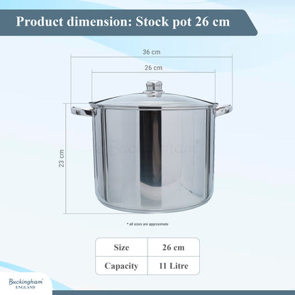 Buckingham Induction Stainless Steel Stock Pot  with Glass Lid 26 cm / 11 litres Silver