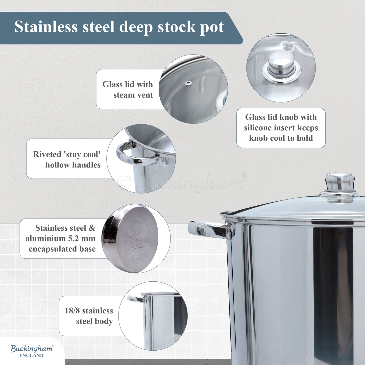 Buckingham Induction Stainless Steel Stock Pot  with Glass Lid 26 cm / 11 litres Silver