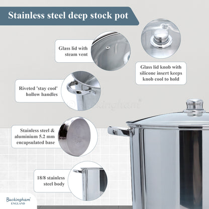 Buckingham Induction Stainless Steel Stock Pot  with Glass Lid 26 cm / 11 litres Silver