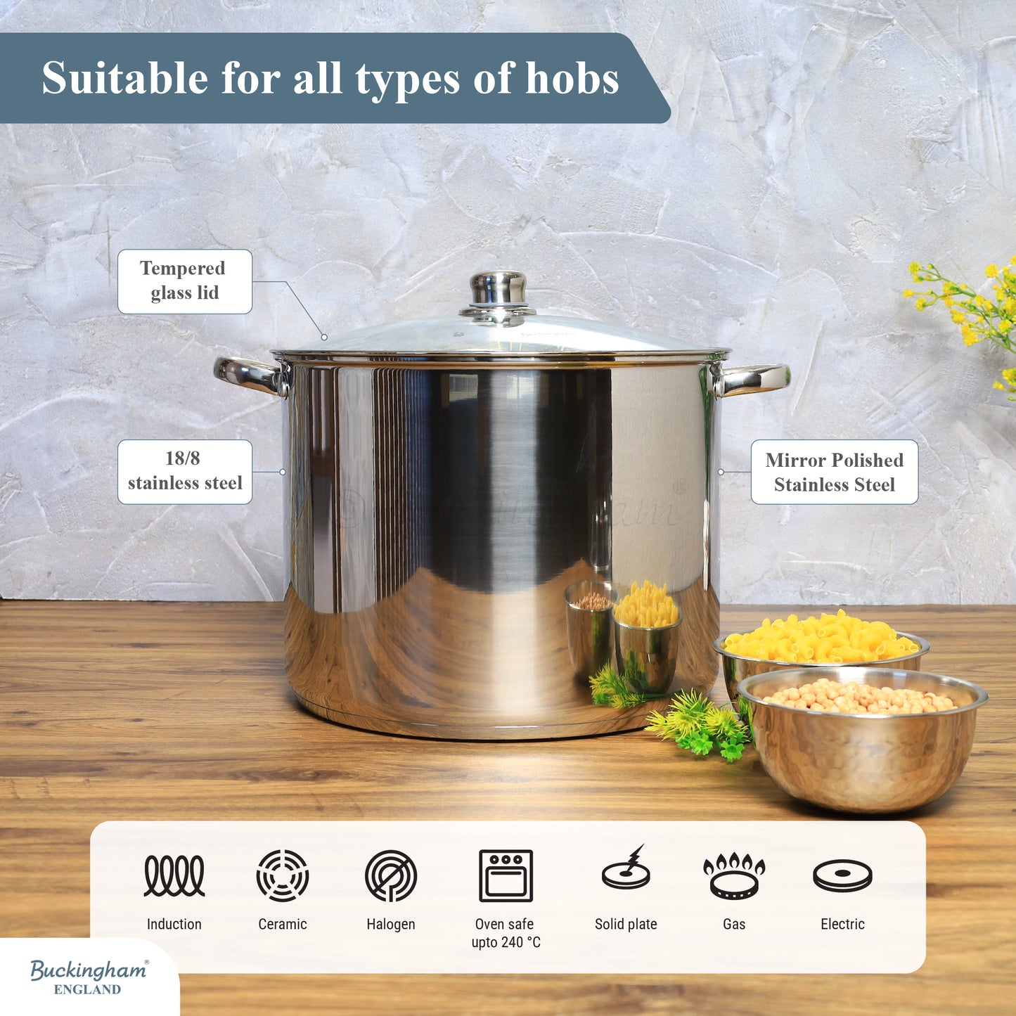 Buckingham Induction Stainless Steel Stock Pot  with Glass Lid 26 cm / 11 litres Silver