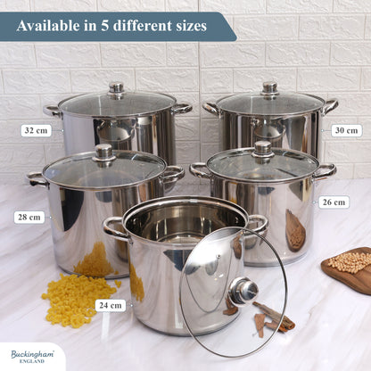 Buckingham Induction Stainless Steel Stock Pot  with Glass Lid 26 cm / 11 litres Silver