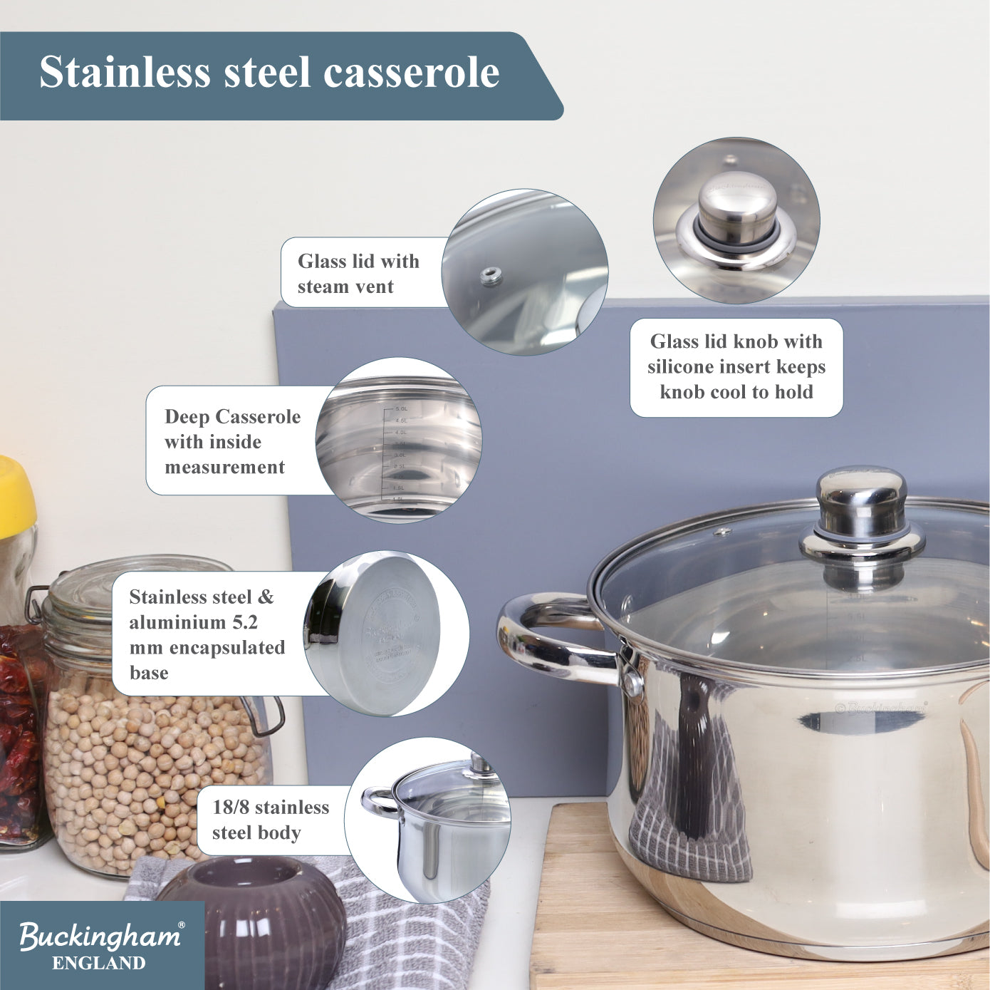 Buckingham Stainless Steel Casserole Pan with Tempered Glass Lid