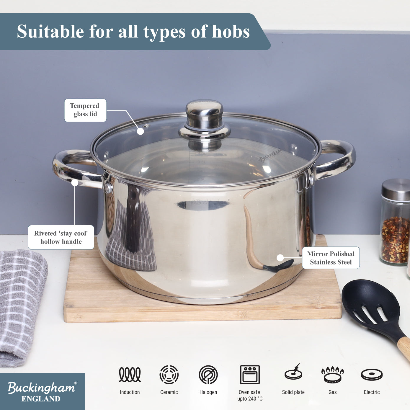 Buckingham Stainless Steel Casserole Pan with Tempered Glass Lid