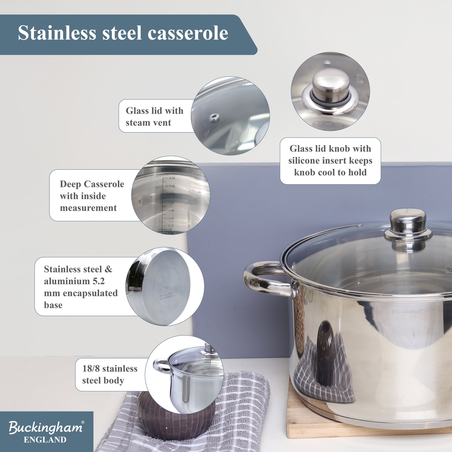 Buckingham Stainless Steel Casserole Pan with Tempered Glass Lid