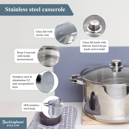 Buckingham Stainless Steel Casserole Pan with Tempered Glass Lid