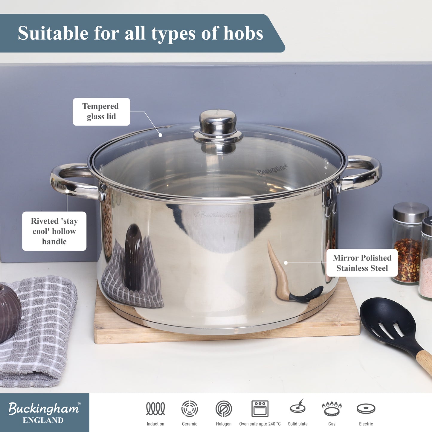 Buckingham Stainless Steel Casserole Pan with Tempered Glass Lid