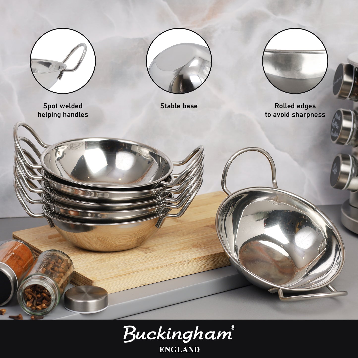 Buckingham Pack of 6 Stainless Steel Balti Dishes