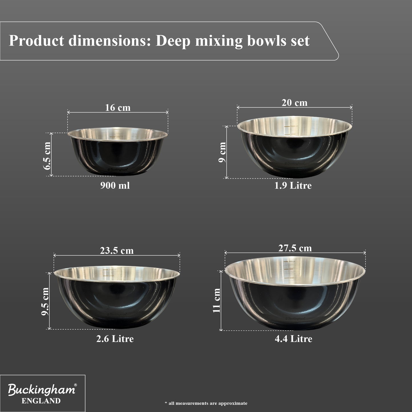 Buckingham Stainless Steel Set of 4 Mixing Bowls 16 cm, 20 cm, 23 cm, 27.5 cm, Black