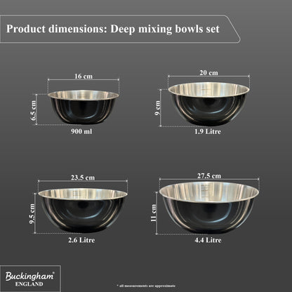 Buckingham Stainless Steel Set of 4 Mixing Bowls 16 cm, 20 cm, 23 cm, 27.5 cm, Black