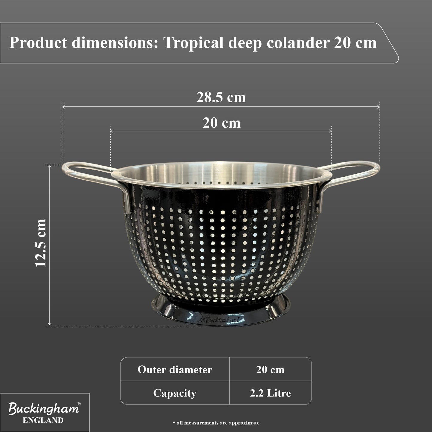 Buckingham Stainless Steel Tropical Deep Colander Black