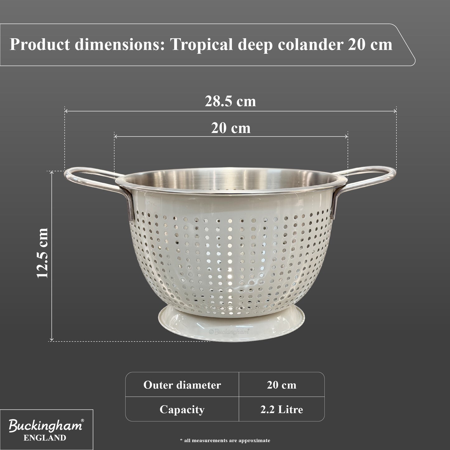 Buckingham Stainless Steel Tropical Deep Colander Ivory Grey