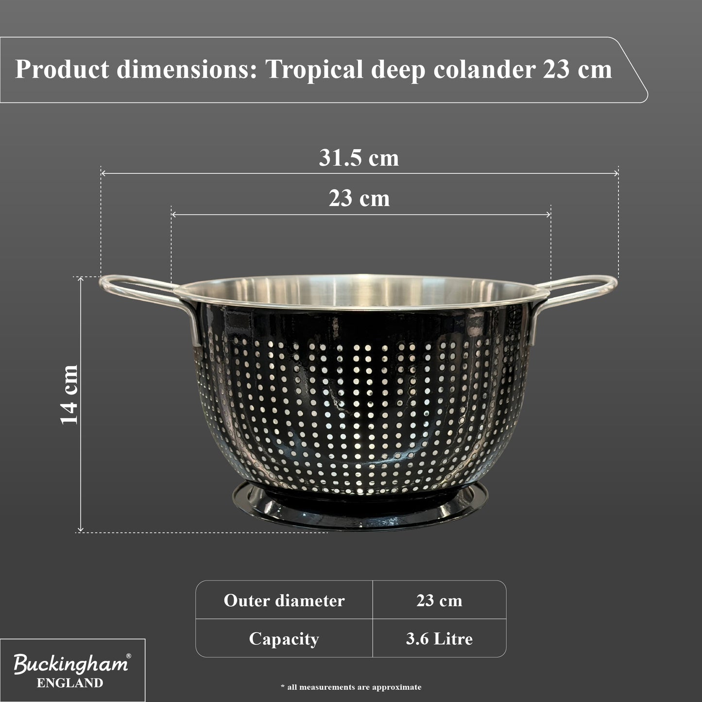Buckingham Stainless Steel Tropical Deep Colander Black