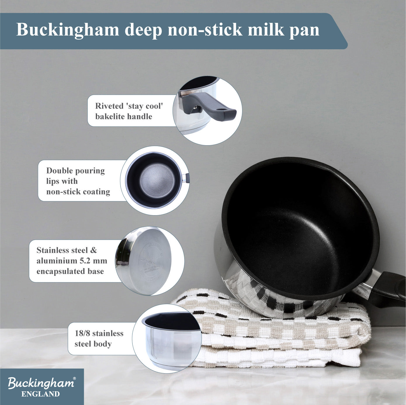 Buckingham Stainless Steel Milk Pan with Bakelite Handle 14 cm 0.9 Litre
