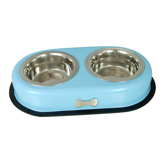 Buckingham Stainless Steel Double Dog Bowls Baby Blue