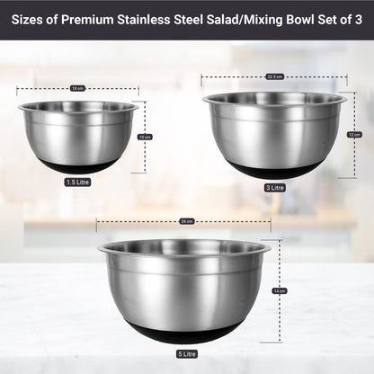 Buckingham Set of 3 Stylish Stainless Steel Salad/Mixing Bowls 18 cm, 22.5 cm & 26 cm