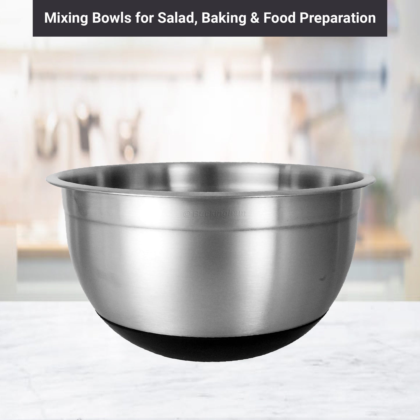 Buckingham Set of 3 Stylish Stainless Steel Salad/Mixing Bowls 18 cm, 22.5 cm & 26 cm