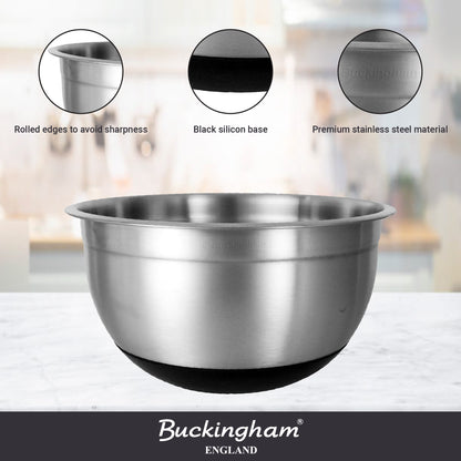 Buckingham Set of 3 Stylish Stainless Steel Salad/Mixing Bowls 18 cm, 22.5 cm & 26 cm