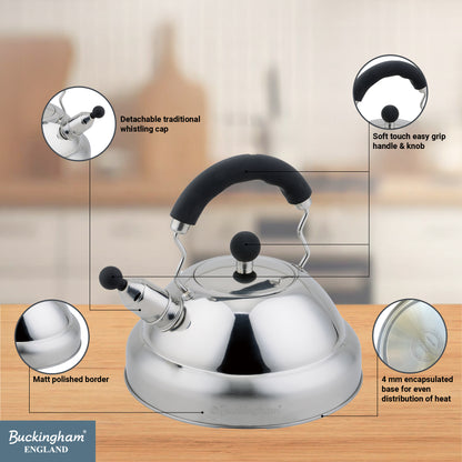 Buckingham Stainless Steel Stovetop Whistling Kettle with Soft Grip Handle 3 Litre